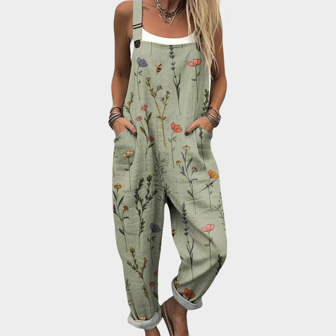 Grüne bedruckte Damen Latzhose, bequem und lässig. Ideal für Frühling & Sommer Freizeit. Vielseitige Fashion.