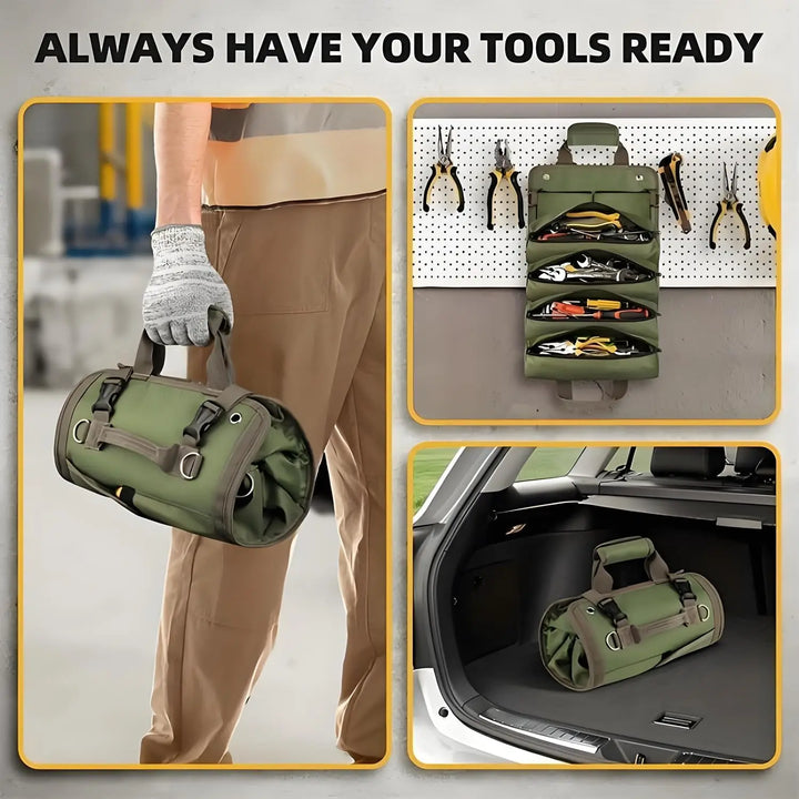 Nahaufnahme der robusten Khaki Werkzeug Rolltasche mit sicheren Verschlüssen & Tragegriff.