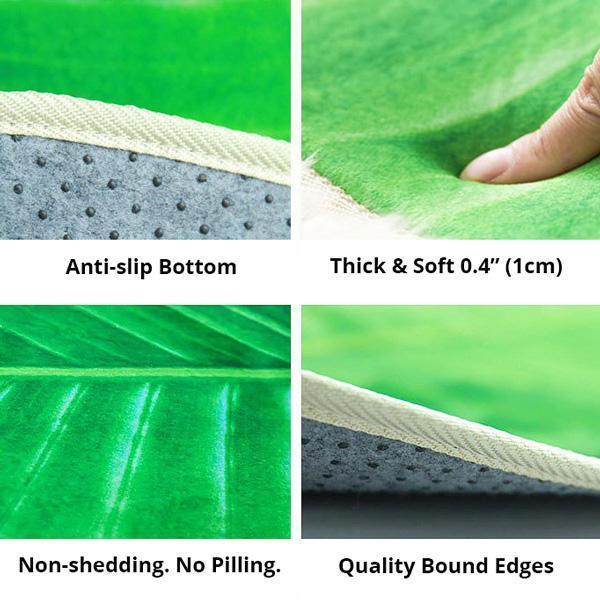 Grüner Blatteppich, naturgetreu & rutschfest. Ideal für Wohn-, Schlafzimmer oder Bad. Flanell-Material.