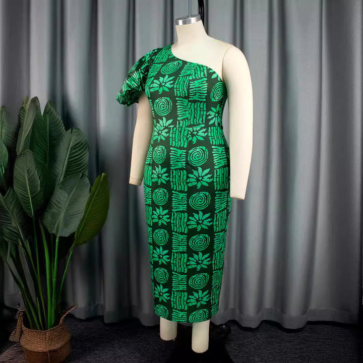 Elegantes grünes Damen-Midikleid für Frühling/Sommer, asymmetrisch & mit Puffärmeln. Ideal für besondere Anlässe.