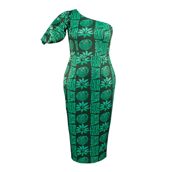 Modernes grünes Damen-Midikleid mit einzigartigem asymmetrischem Design und schicken Puffärmeln. Festlich & stilvoll.