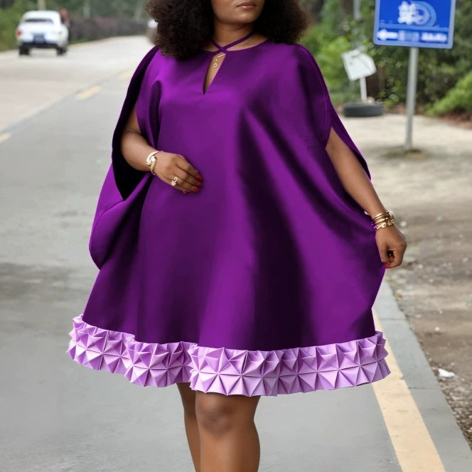 Violettes schickes Kurzarmkleid für Damen mit Rüschensaum, modisch und figurschmeichelnd, für Damenmode.