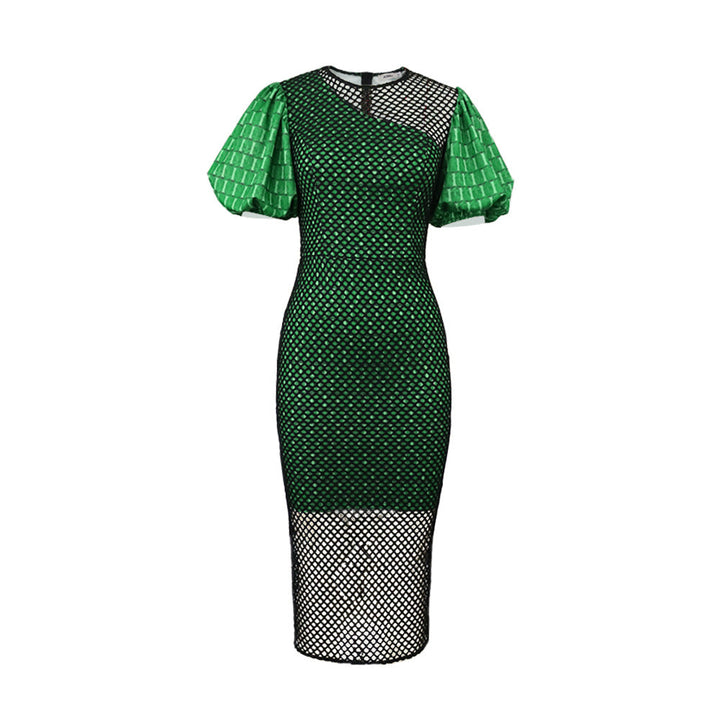 Feminines grünes Damen-Partykleid, figurbetont, mit modischem Netzdesign und eleganten Puffärmeln.