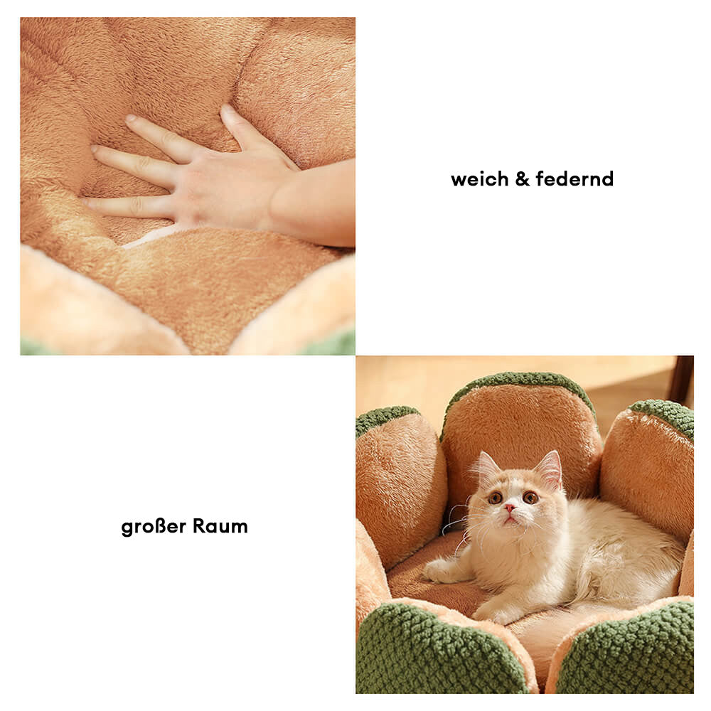Stylisches Kaktus Katzenbett in Grün, Braun & Lila, ein gemütliches Haustierbett für jeden Raum.