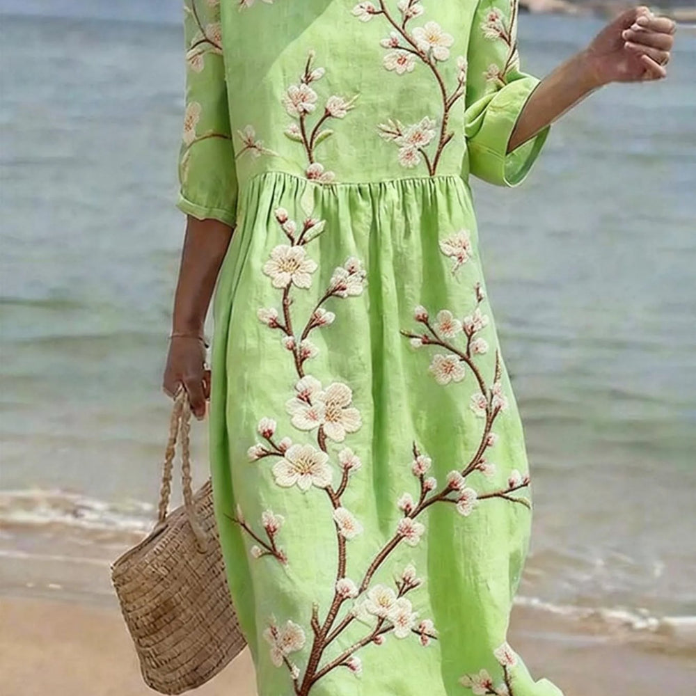 Vielseitiges Damen Freizeitkleid mit Ellbogenärmeln, Midi-Länge, aus leichtem Stoff für den Sommer.