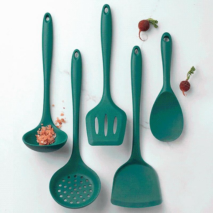 Kratzfreies & hitzebeständiges grünes Silikon Küchenutensilien-Set, BPA-frei, antihaftbeschichtet & langlebig.