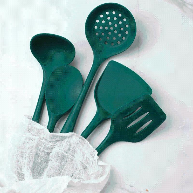 Hochwertiges grünes Silikon Küchenhelfer-Set, BPA-frei & pfannenschonend, langlebig für moderne Küchen.
