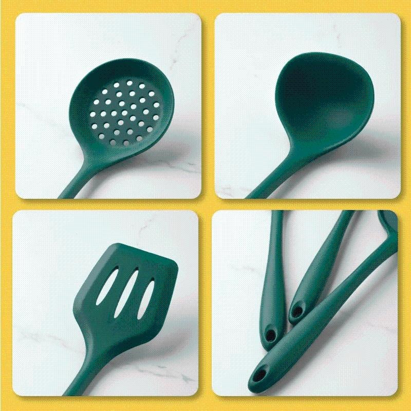 Praktisches grünes Silikon Küchenhelfer-Set als Geschenkidee, robust, hitzebeständig und pfannenschonend.