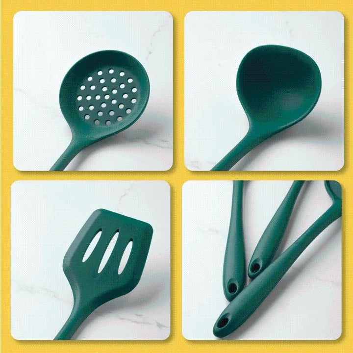 Praktisches grünes Silikon Küchenhelfer-Set als Geschenkidee, robust, hitzebeständig und pfannenschonend.