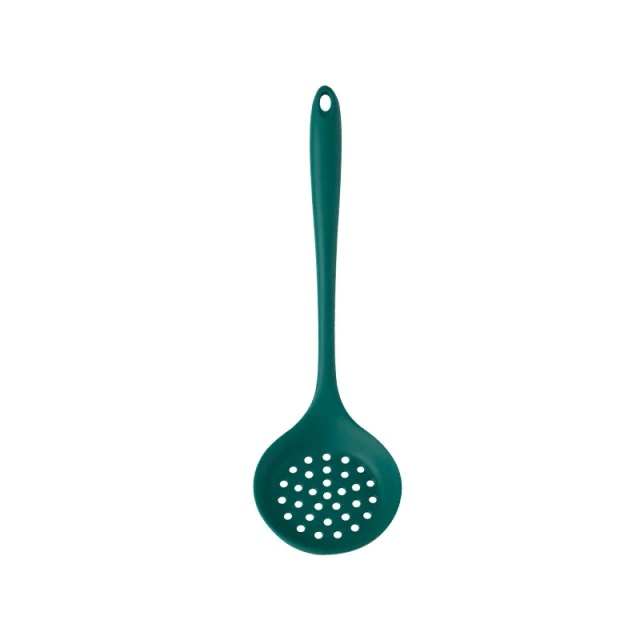 Elegant präsentiertes grünes Silikon Kochbesteck-Set, pfannenschonend, BPA-frei & ideal für modernes Küchendesign.