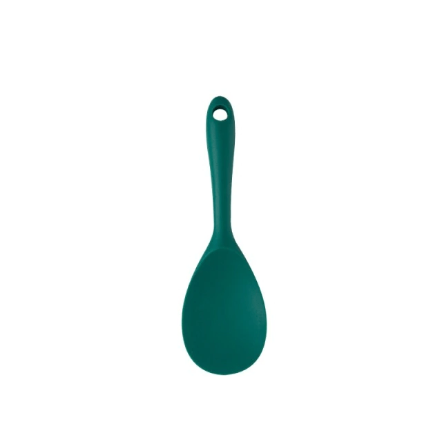 Grünes Silikon Küchenutensilien-Set mit ergonomischen Griffen, komfortabel & sicher für den täglichen Gebrauch.