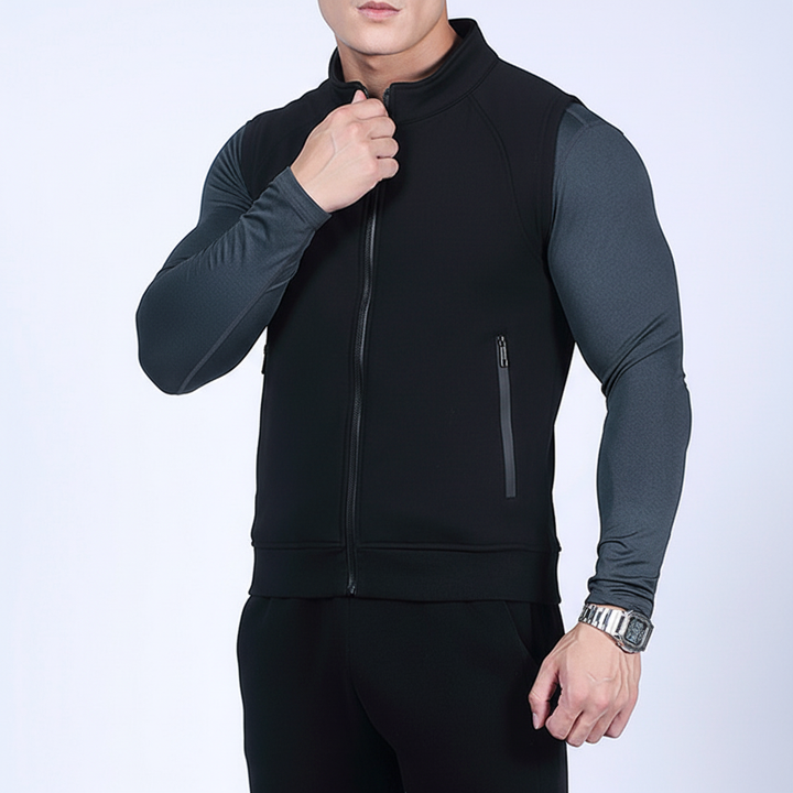 Bequeme schwarze Herren Fleeceweste mit Reißverschlusstaschen, dehnbar und atmungsaktiv für Sport & Freizeit.