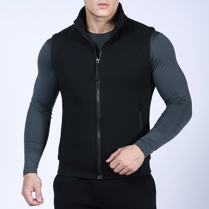Vielseitige schwarze Herren-Freizeitweste aus Fleece, ideal als Sportbekleidung oder wärmende Outdoor-Schicht.