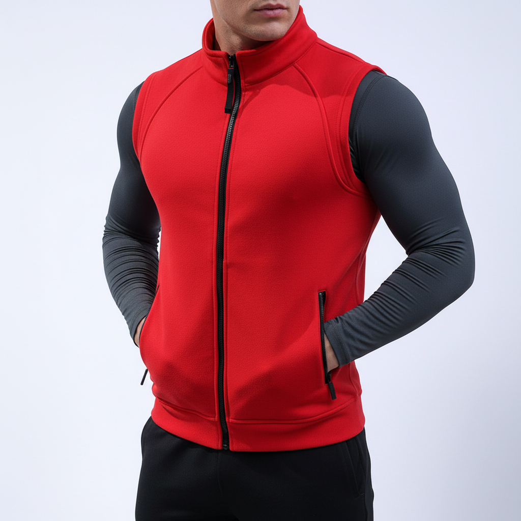 Stehender Mann in bequemer, atmungsaktiver roter Fleece-Freizeitweste mit Reißverschluss für aktive Herren.