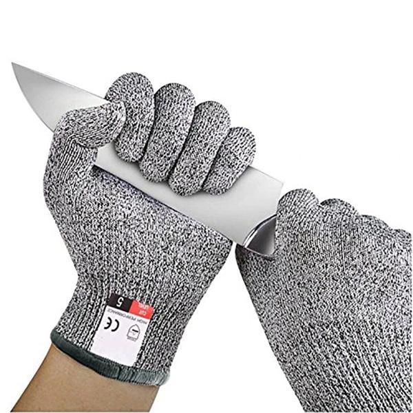Graue schnittfeste Sicherheitshandschuhe, Grad 5 Schutz, für maximale Arbeitssicherheit.