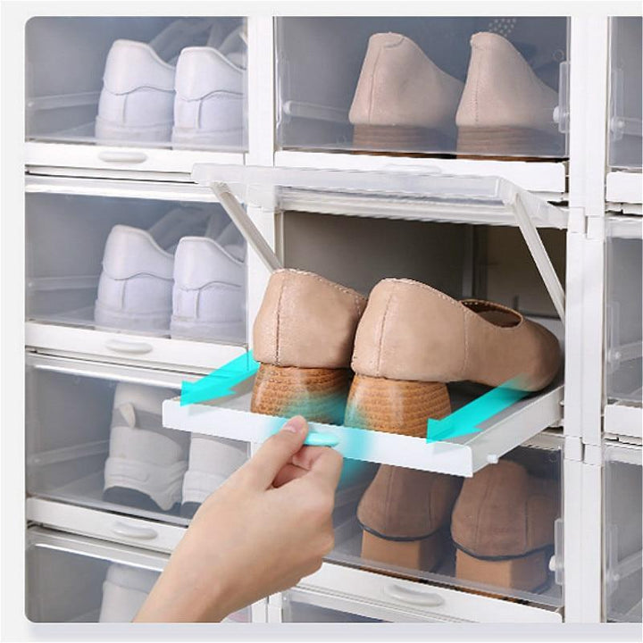 Stapelbare Schubladenbox zur effizienten Schuhaufbewahrung. Modulare Schuh-Organizer für mehr Stauraum.
