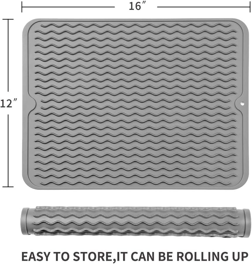 Platzsparende Silikon-Abtropfmatte, multifunktional als Spülmatte & Untersetzer.