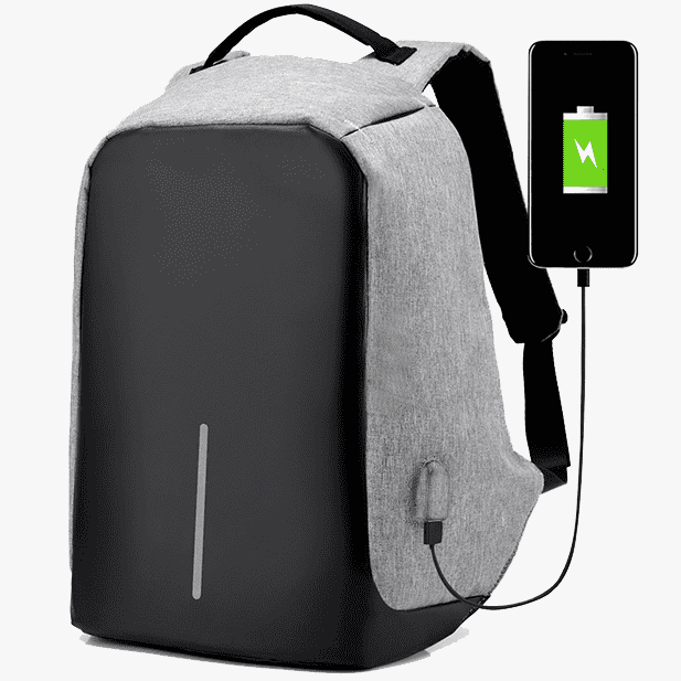 Grauer USB Anti-Diebstahl Rucksack mit Ladefunktion für Pendler. Wasserdichtes, schnittfestes Design.