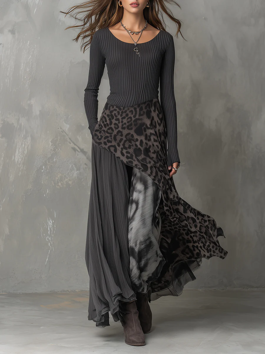 Graues Damen Maxi-Kleid mit Streifen & Leopardenmuster, elegantem unregelmäßigem Saum. Modisches Freizeitkleid.