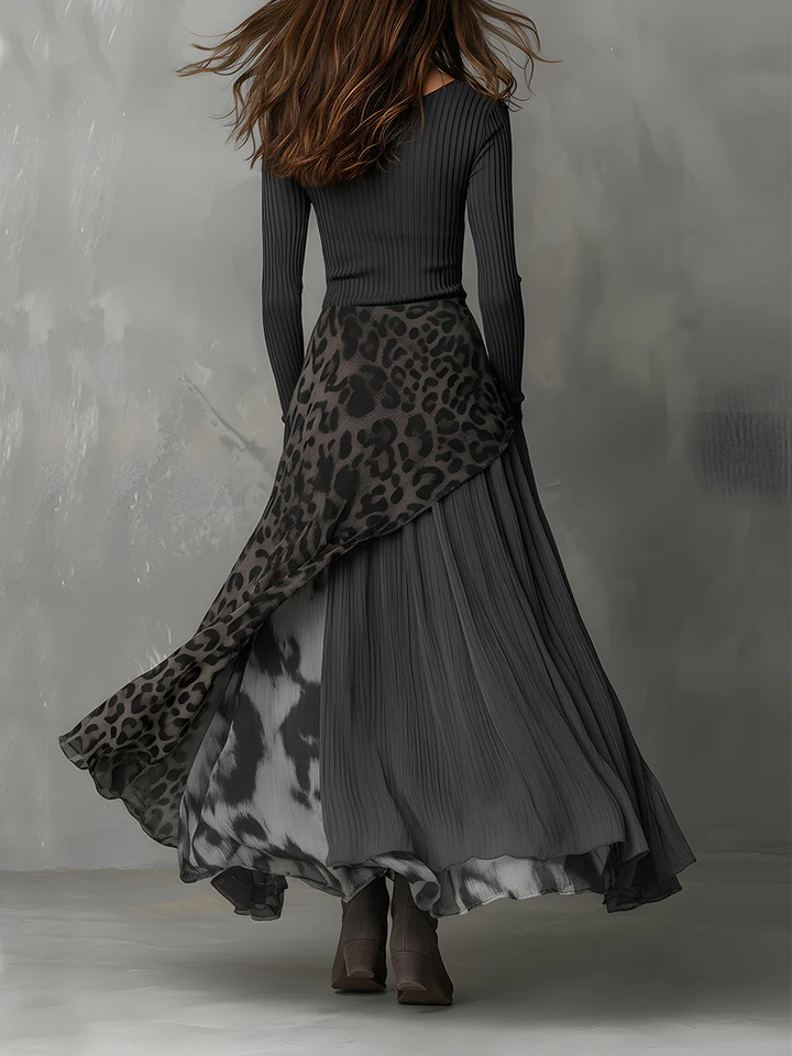 Boho-Stil Damen Freizeitkleid, Maxi-Länge, mit auffälligem Streifen- & Leopardenmuster. Vielseitiges Sommerkleid.