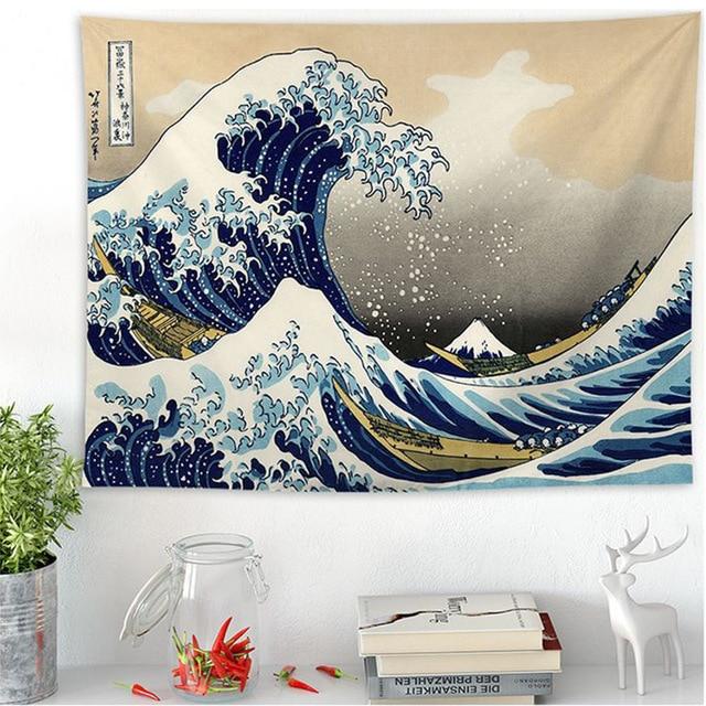 Japanischer Wandteppich "Große Welle Kanagawa" (Hokusai). Asiatischer Kunstdruck, Polyester Wandbehang.