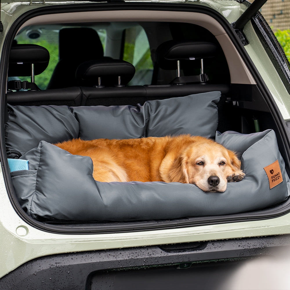 Großer Hundeautositz, zusammengeklappt, leicht zu transportieren und zu verstauen.