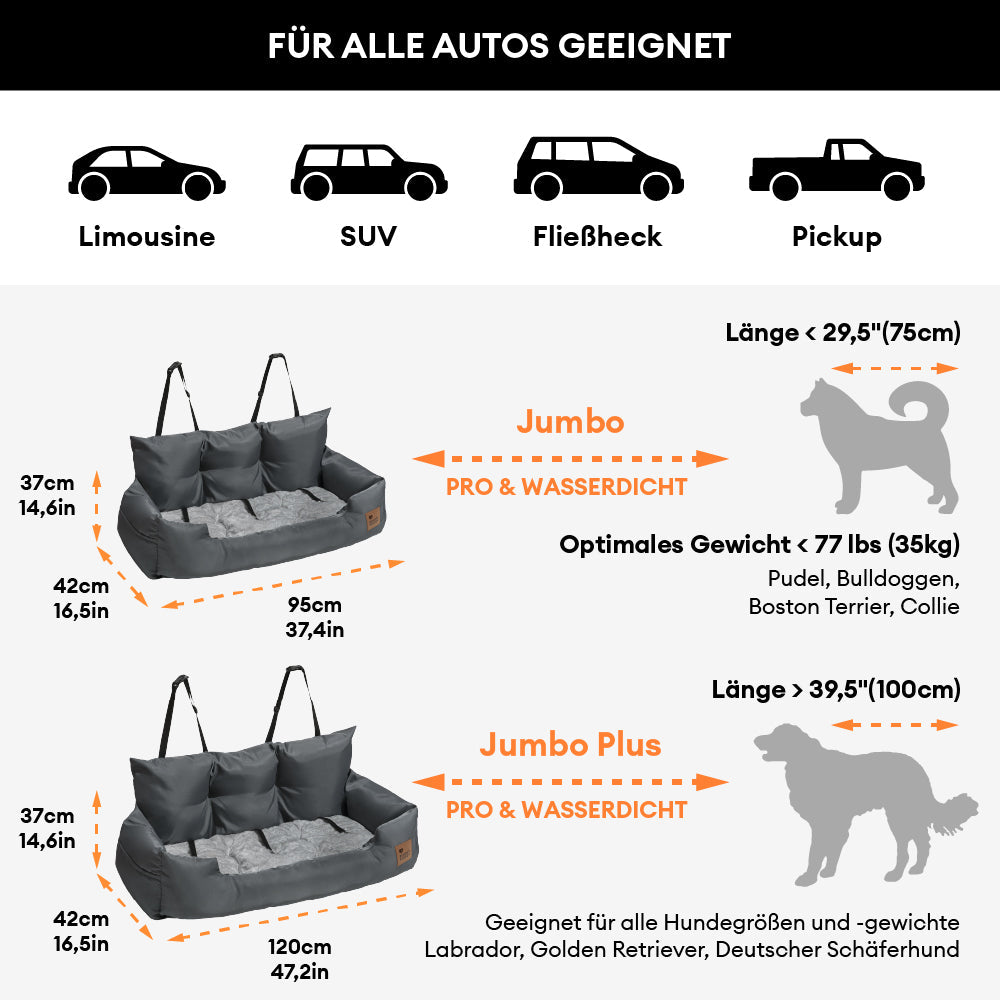 Ein glücklicher Labrador im großen, gepolsterten Hundeautositz während der Fahrt.