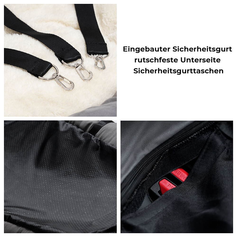 Gemütliche Hundebox für das Auto, gepolstert, mit Befestigungssystem für sicheren Halt.