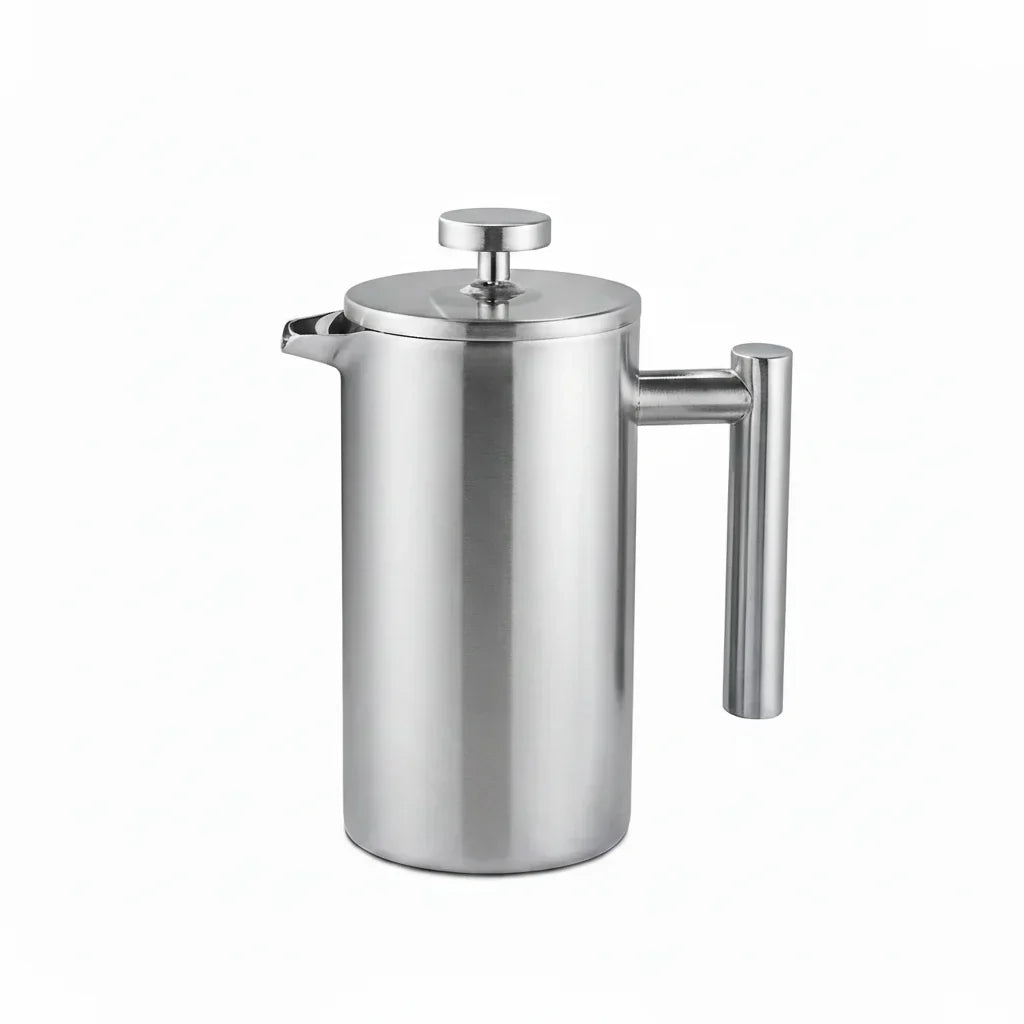 Hochwertige Edelstahl French Press 350 ml, doppelwandig isoliert, für langanhaltend heißen Kaffeegenuss.
