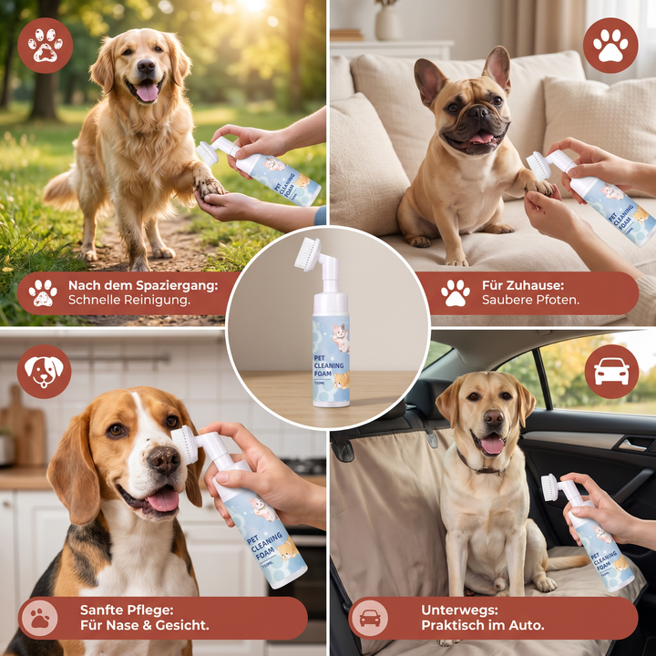 Hunde Pfoten Reinigungsschaum mit Bürste. Ideal für sanfte, wasserlose Pfotenpflege nach Matsch & Schmutz.