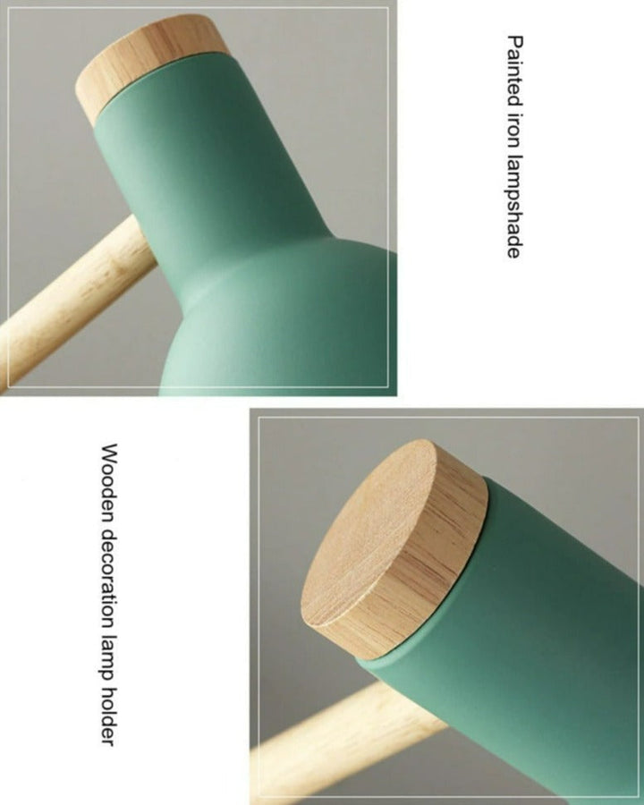 Hochwertige Dekolampe aus Holz, skandinavisch inspiriert, mit elegantem Metallschirm für ein warmes Licht.