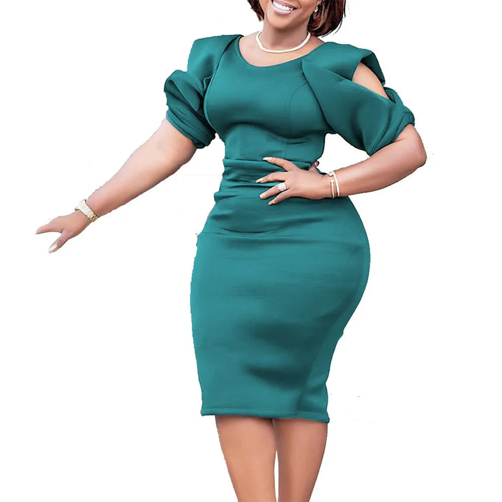 Elegantes Damen Herbstkleid in Übergröße mit modischen Puffärmeln, knielang und bequem für Freizeit & festliche Anlässe.