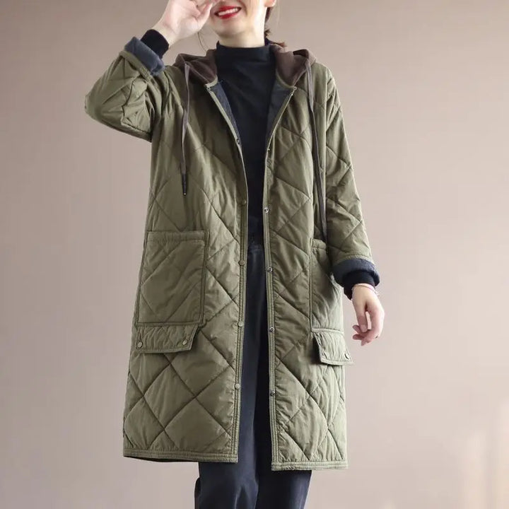 Trendiger Damen Wintermantel mit Kapuze für Herbst/Winter. Übergröße, einreihig. Warmer und modischer Kapuzenmantel.