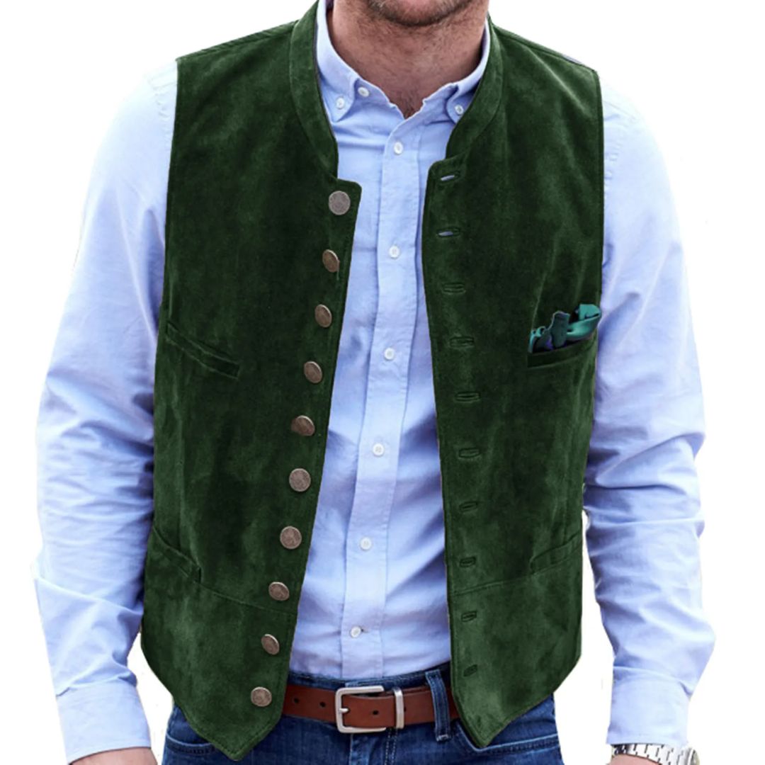 Graue Herrenweste im Trachtenstil. Ideal für Oktoberfest, festliche Kleidung & Vintage-Look.