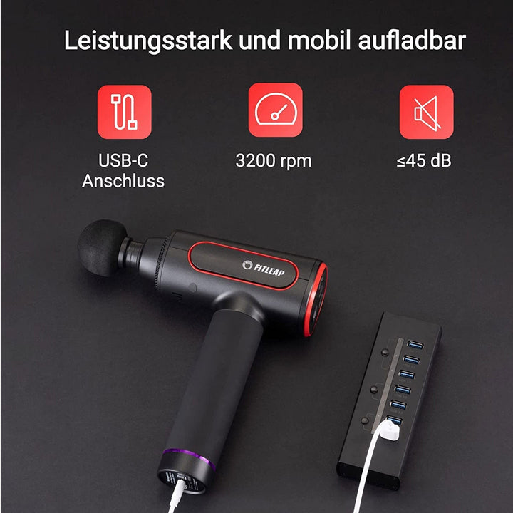 Person nutzt mobile Massagepistole zur Tiefengewebsmassage am Arm für schnelle Muskelregeneration und Entspannung.