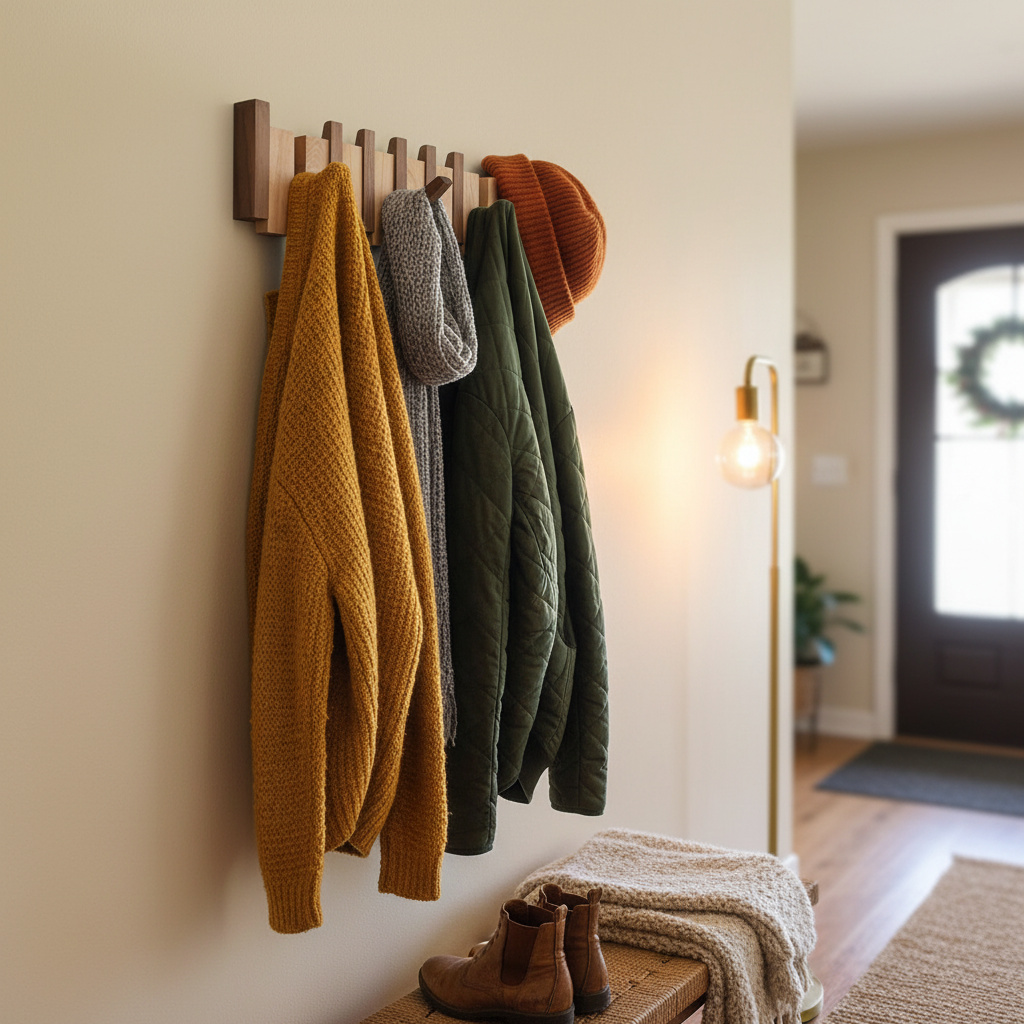 Design-Wandgarderobe in Klavierform; platzsparende Lösung für Mäntel & Taschen im Eingangsbereich.