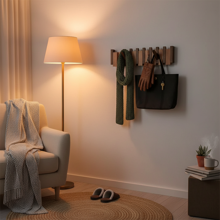 Elegante Holzkapstok mit Noten-Design; funktionale Wandhaken für stilvolle Flurorganisation.