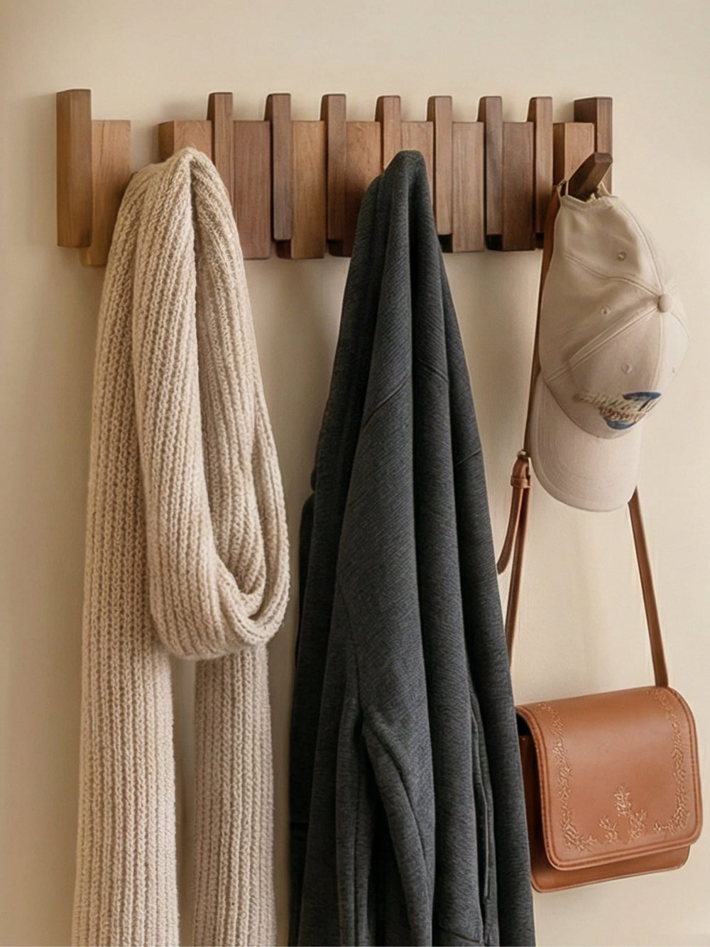 Elegante Wandgarderobe im Klavierdesign aus Holz, perfekt für Flur und Diele.