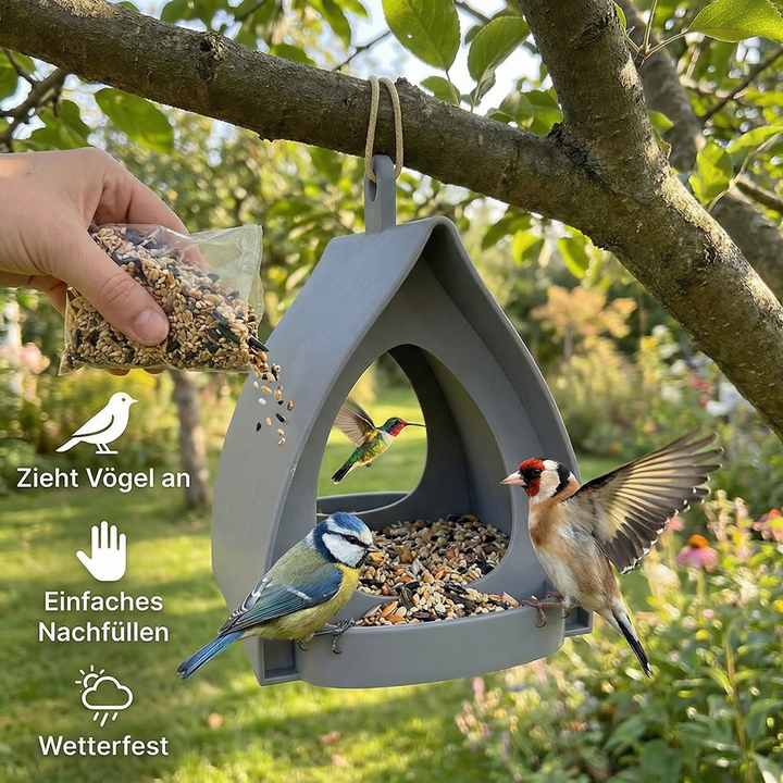 Großer Vogelfutterspender mit hoher Kapazität zum Hängen, wetterfest, für Wildvögel & Naturbeobachtung.