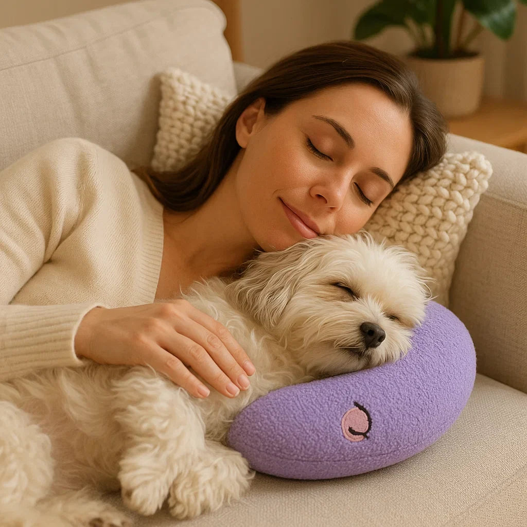 Entspannter Hund genießt Komfort auf seinem ergonomischen Stützkissen. Optimaler Ruheplatz für Haustiere.