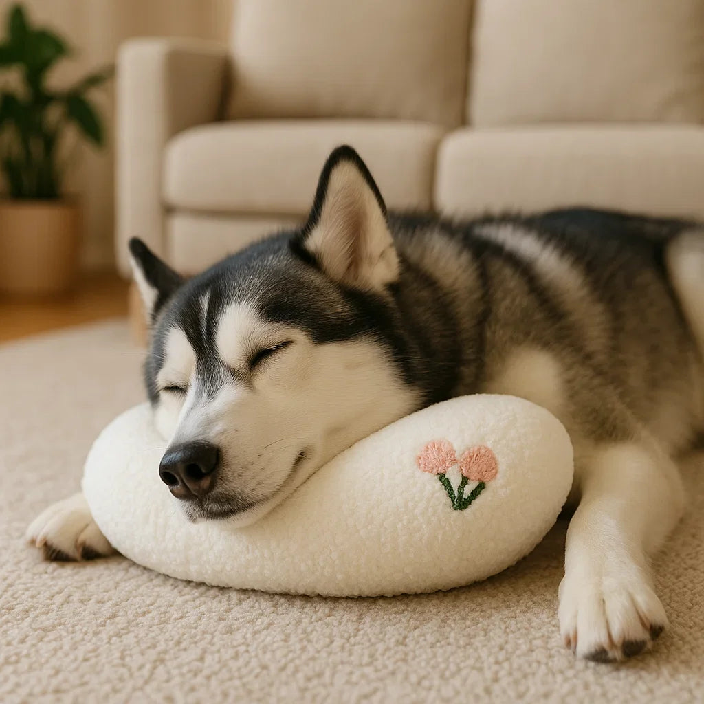 Junger Hund testet das ergonomische Stützkissen. Frühzeitige Gelenkstütze für gesunde Entwicklung & Komfort.
