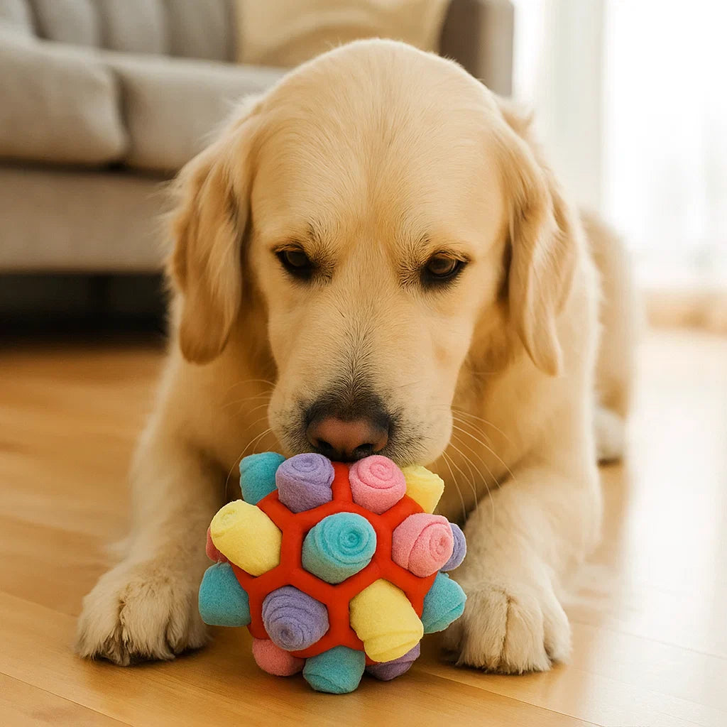 Dieser Hundeschnüffelball ist ein langlebiges Leckerli-Spielzeug für indoor und outdoor Spaß.