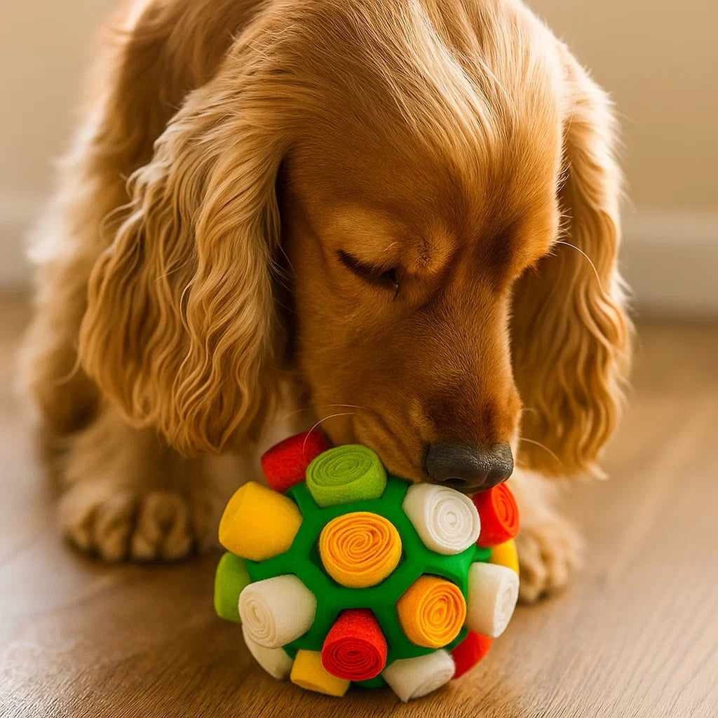 Aktiver Hund beim Spielen mit dem Schnüffelball. Ein effektives Beschäftigungsspielzeug für Haustiere.