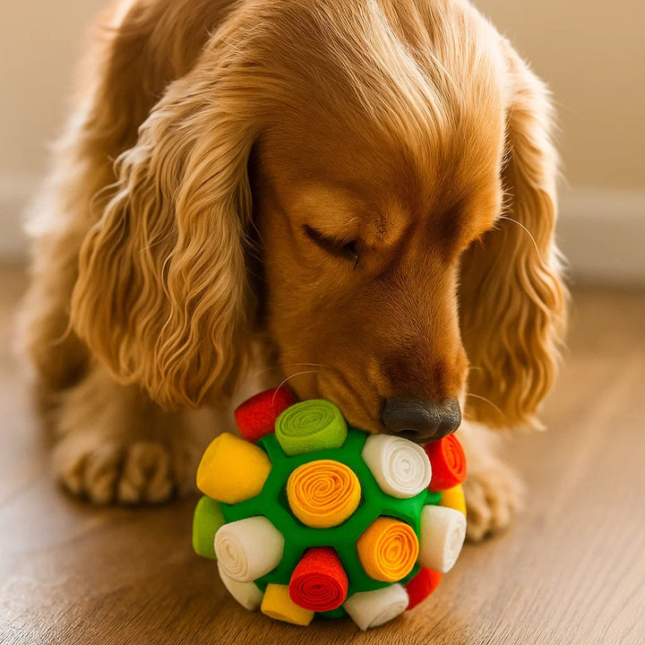 Aktiver Hund beim Spielen mit dem Schnüffelball. Ein effektives Beschäftigungsspielzeug für Haustiere.