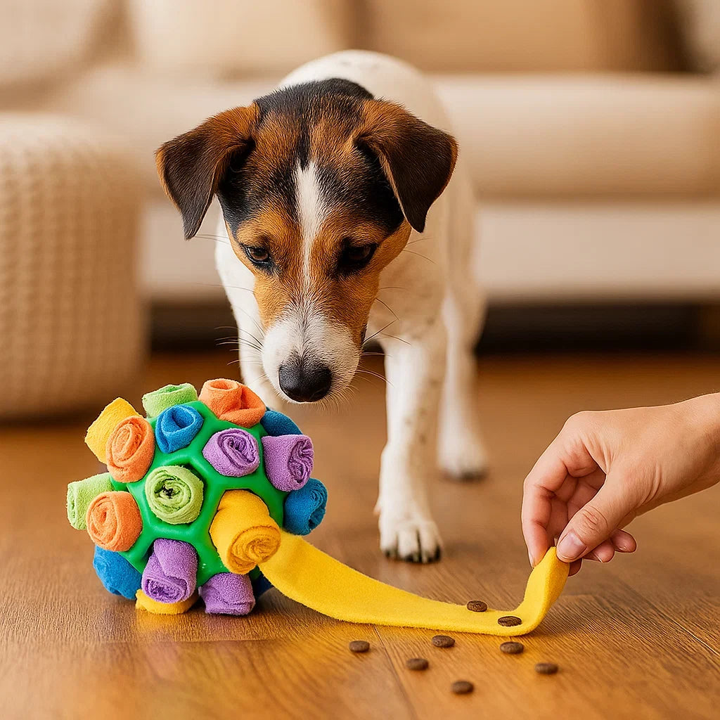 Hund dreht den interaktiven Schnüffelball, um Belohnungen zu finden. Tolles Haustierspielzeug.