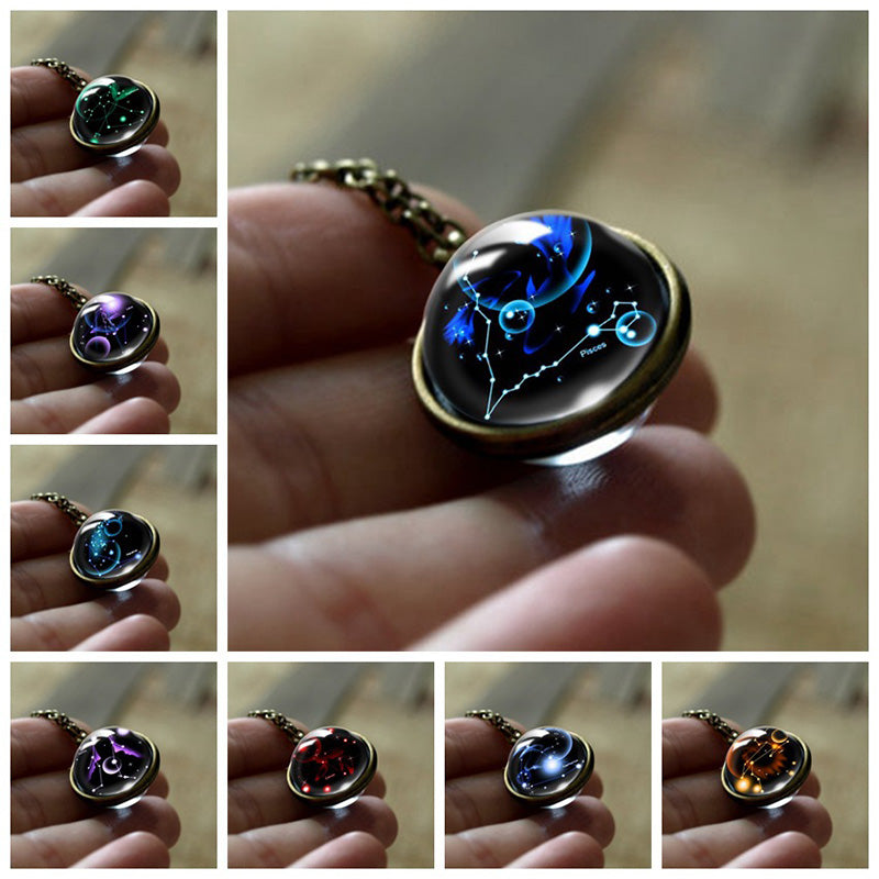 Spiritueller Glas-Anhänger für Damen, rundes Sternzeichen-Motiv, als Schmuck für Schutz & innere Stärke.