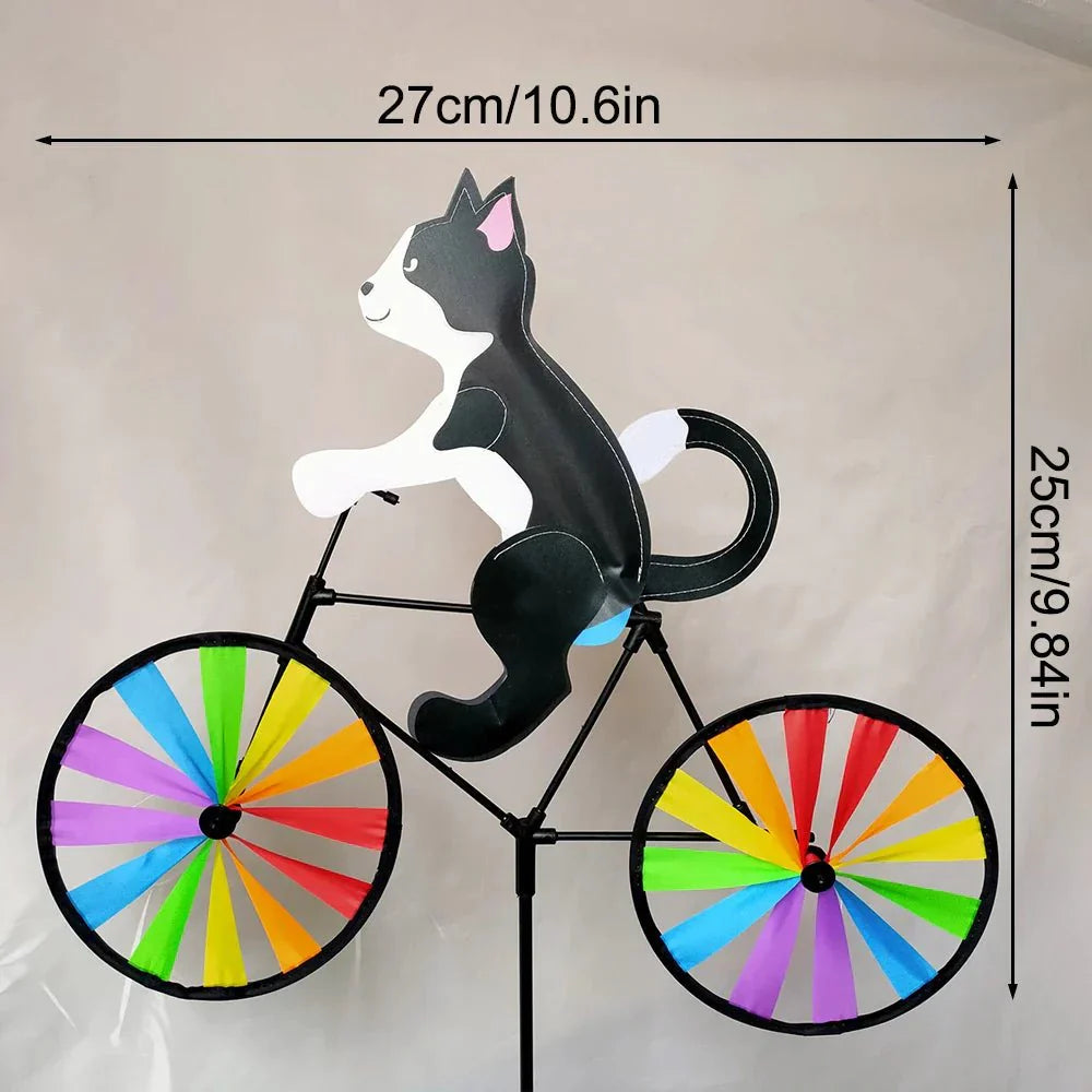 Einzigartige Gartendeko: Handbemalte Katze auf Fahrrad. Mit drehendem Windrad, wetterfeste Gartenfigur für den Garten.