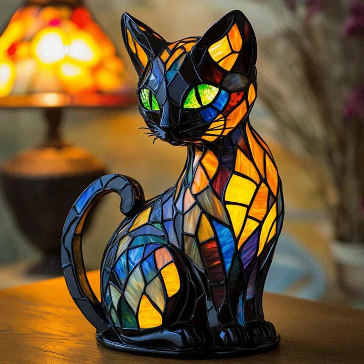 Handgefertigte Buntglas-Katzen-Tischlampe mit LED für gemütliches Licht im Wohnzimmer oder Schlafzimmer.