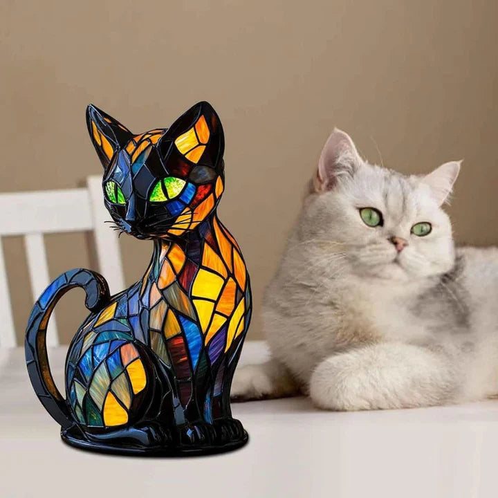 Elegante Buntglas-Katzen-Tischlampe, handgefertigt, mit integrierter LED für stilvolle Wohnzimmer-Dekoration.