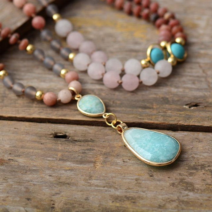 Elegante Damen Pastell Mala Kette mit Rosenquarz, Amazonit, Türkis. Spiritueller Heilsteinschmuck für Frauen.